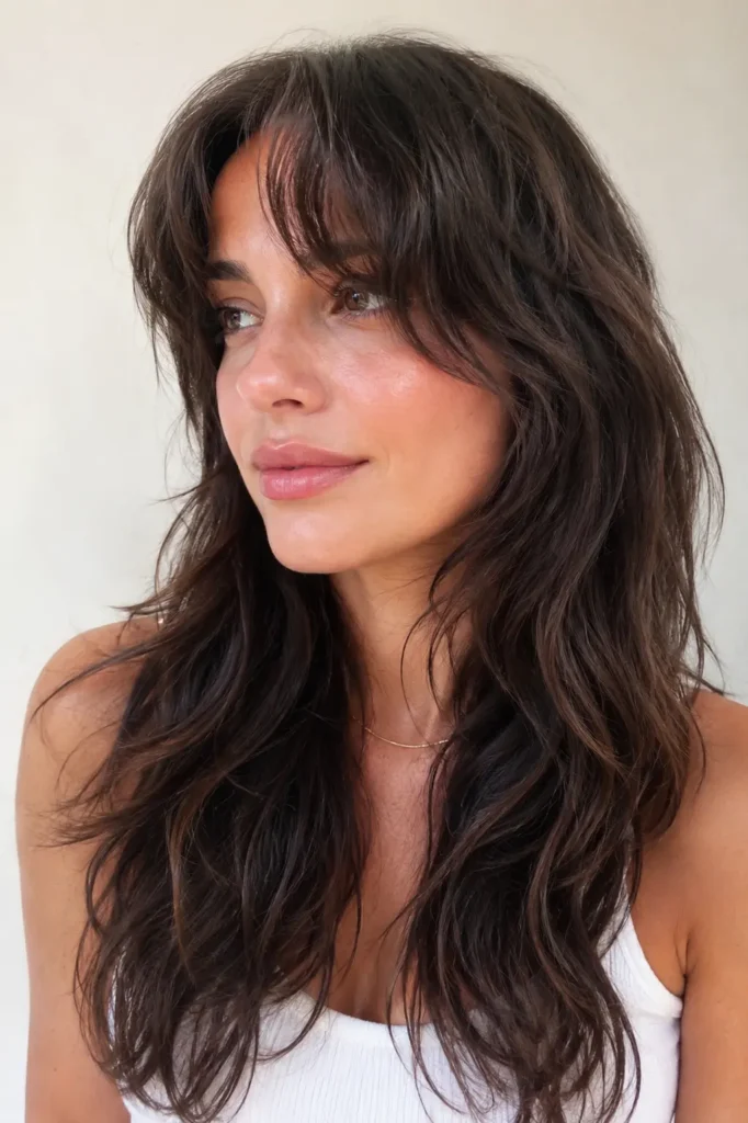 woman with a long wavy wolf cut and piecey bangs, featuring feathered layers, glossy healthy hair, and soft natural makeup in bright daylight against an ivory background.