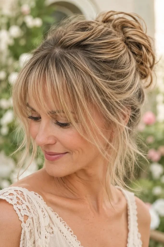 woman with soft light blonde hair styled in a loose boho bun and wispy bangs, photographed in bright natural daylight against an elegant cream garden background.