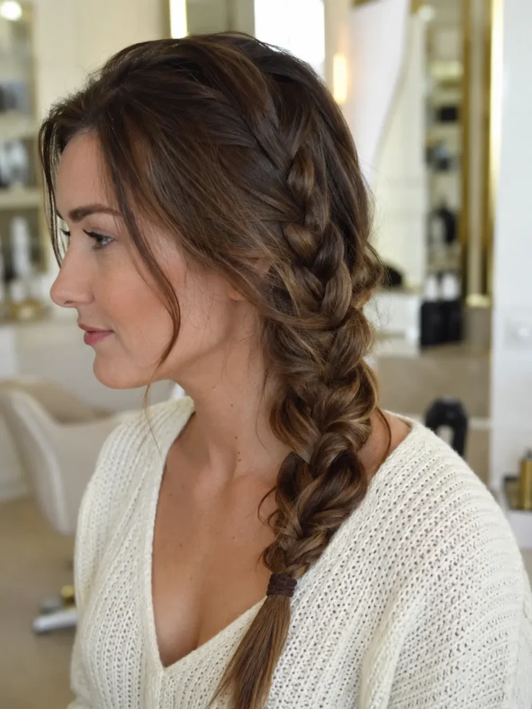 woman with glossy medium chestnut brown hair styled in a loose everyday three-strand braid, wearing an ivory knit top