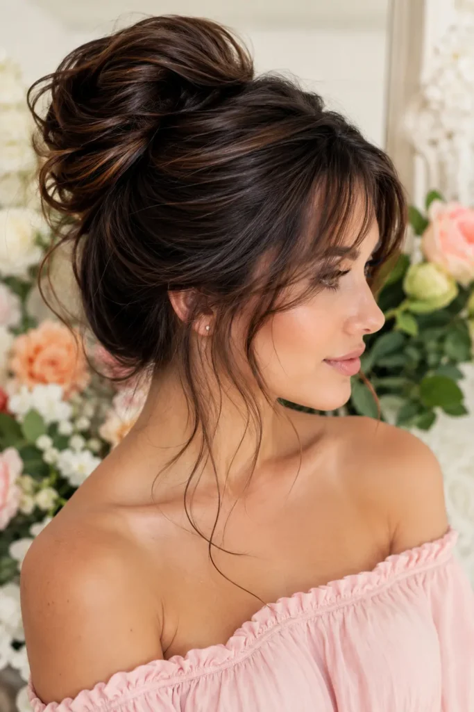 woman with chocolate brown hair styled in a loose romantic bun and long face-framing bangs, wearing a soft pink off-the-shoulder top.