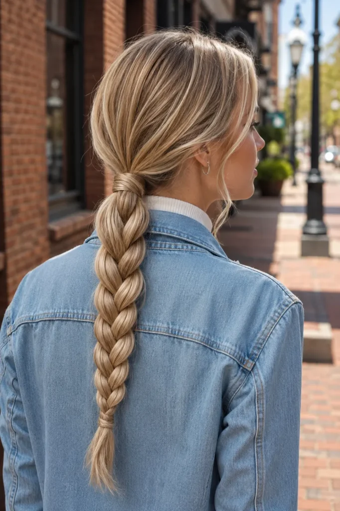 a white woman wearing a light denim jacket over a white high-neck top, showcasing a long three-strand braided low ponytail secured at the nape