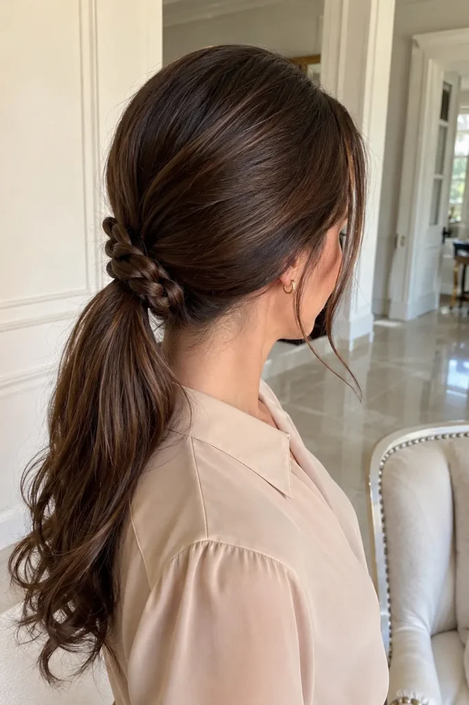 woman with glossy chestnut brown hair styled in a sleek low braided ponytail, wearing a stylish beige blouse in a bright ivory luxury home setting.
