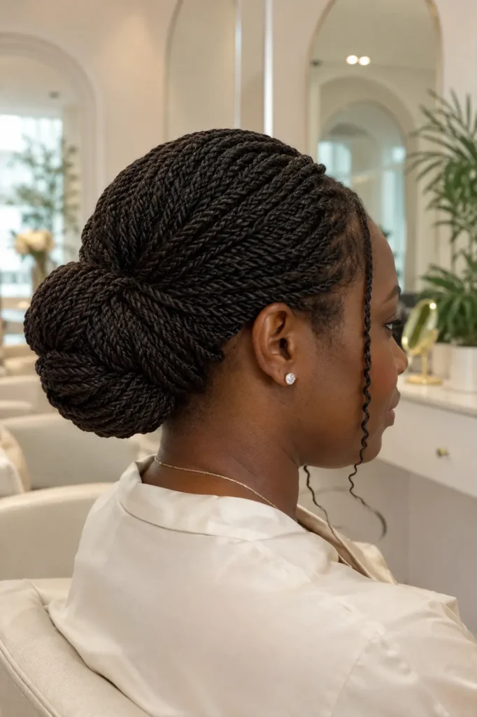 a Black woman wearing glossy espresso brown twist braids styled into an elegant low bun, photographed in bright natural daylight against a luxurious ivory salon background.