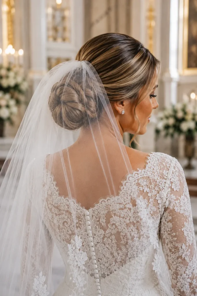 Close-up upper-body bridal portrait of a white woman with a smooth low dark blonde bun clearly visible beneath a flowing cathedral veil, wearing a long-sleeve lace wedding gown inside a bright marble chapel.