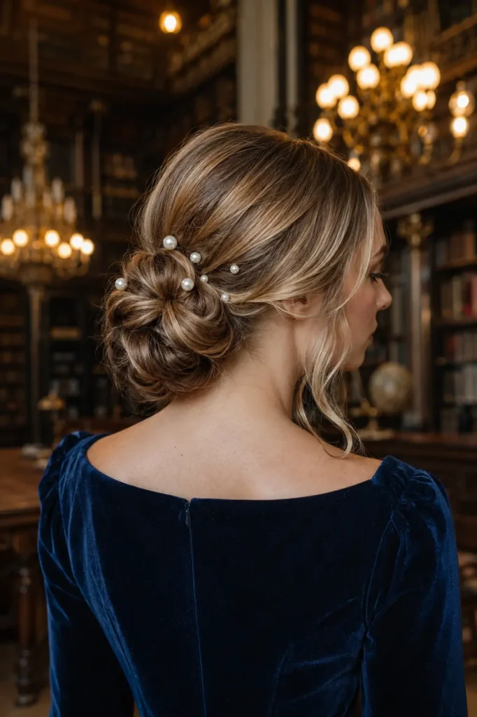 White woman with a low textured bun adorned with delicate pearl hairpins, wearing a navy blue velvet evening dress in a grand historic library with softly blurred bookshelves and warm chandelier lighting.