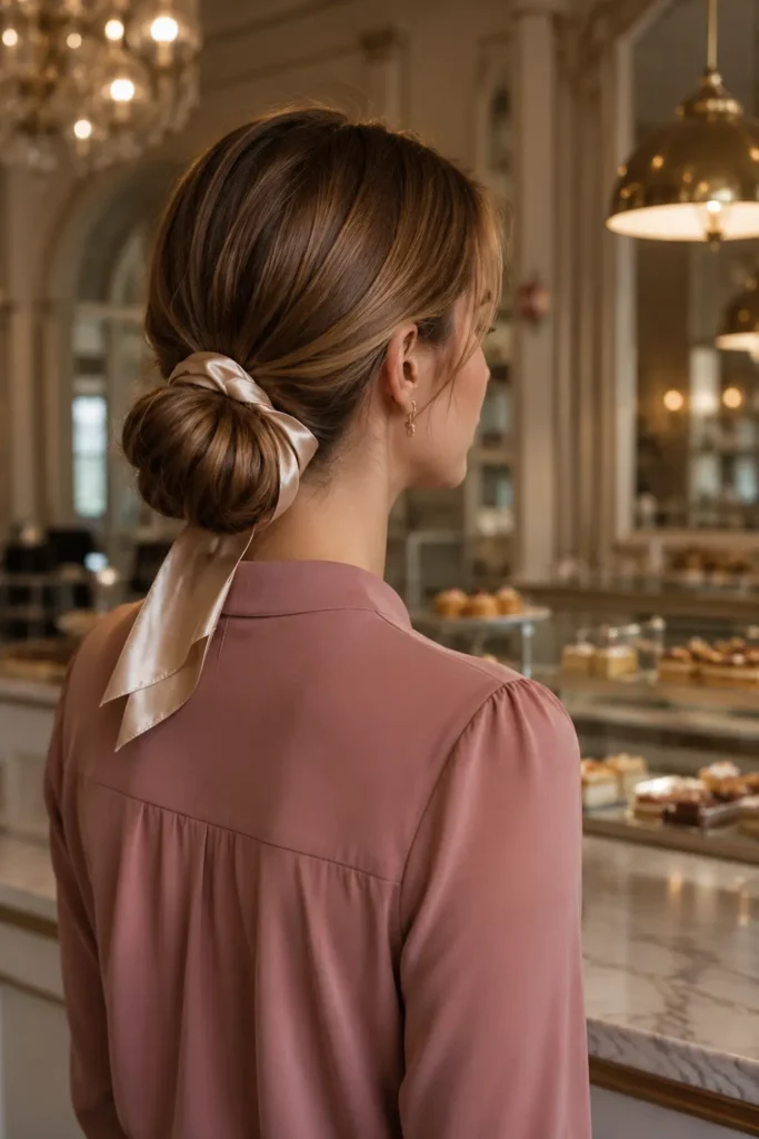a white woman wearing a refined low bun wrapped with a champagne satin ribbon, a subtle center part, and a dusty rose blouse, standing in an elegant French-inspired bakery with softly blurred marble counters and warm pendant lighting.
