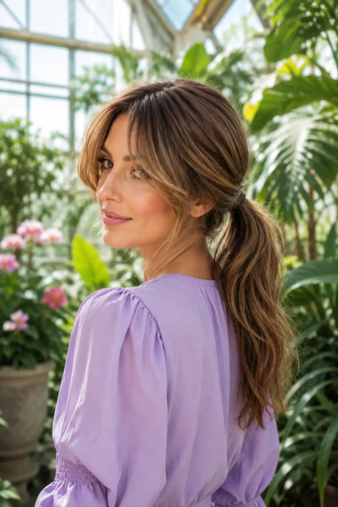 a white woman with a sleek low ponytail and center-parted curtain bangs, wearing a soft lavender blouse with delicate sleeves. The hairstyle is the focal point, showcasing smooth ponytail texture and softly layered face-framing bangs.