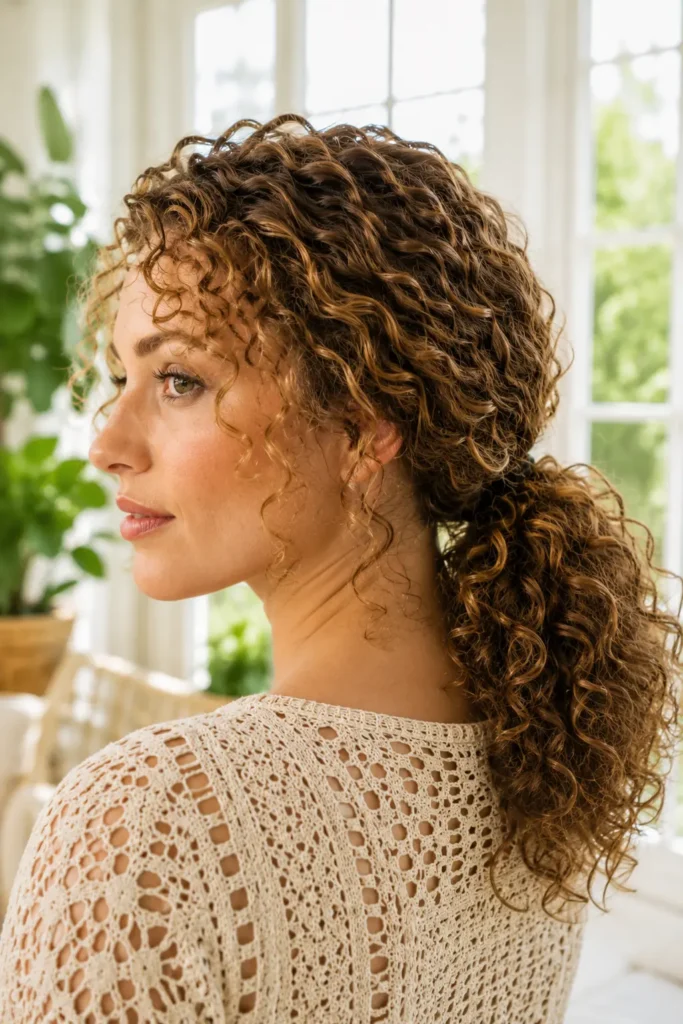 a white woman with naturally defined curly hair styled in a low ponytail, wearing a cream crochet top in a bright sunroom with softly blurred windows and leafy indoor plants.