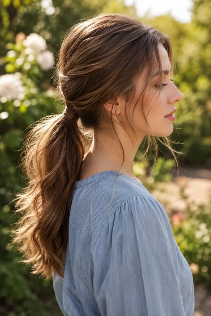 A side-profile portrait of a white woman wearing a soft low ponytail with delicate face-framing strands that fall naturally beside her cheeks.