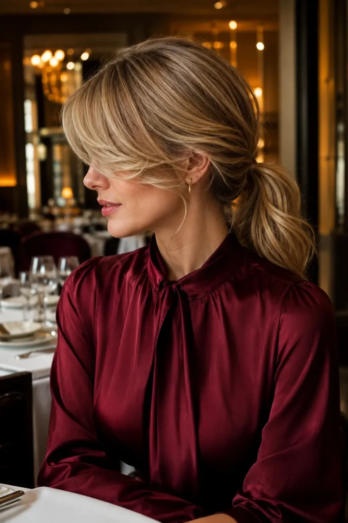 Soft side-swept bangs flowing into a smooth low ponytail on a woman wearing a burgundy silk blouse, photographed in an elegant restaurant with warm blurred lighting.