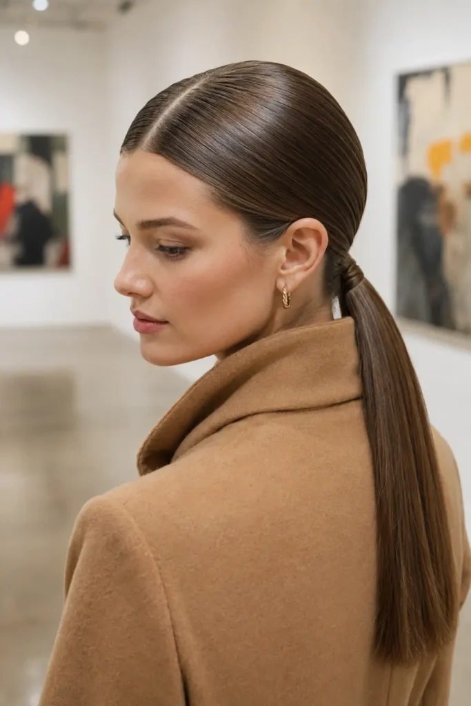 White woman with an ultra-sleek center-part low ponytail, wearing a camel wool coat in a softly blurred contemporary art gallery.