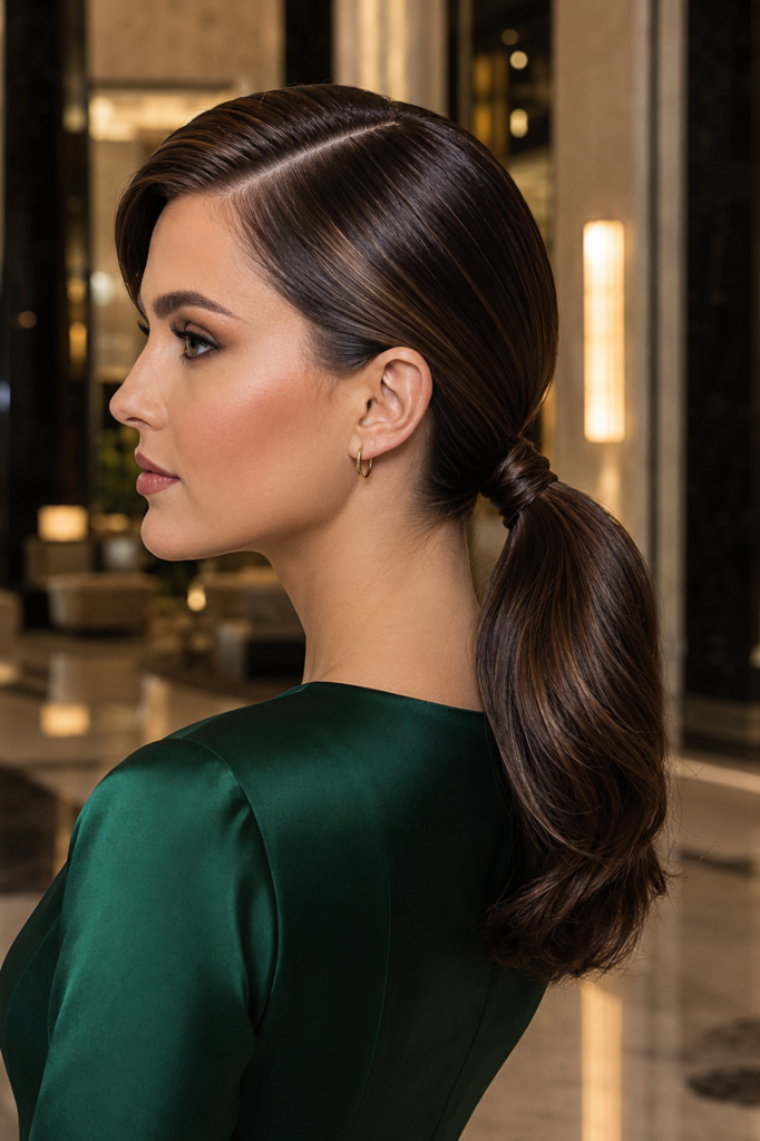 a white woman with a dramatic deep side part flowing into a sleek low ponytail at the nape. Her glossy, perfectly smooth hair and precise side part are the focal point, complemented by an emerald green satin evening dress