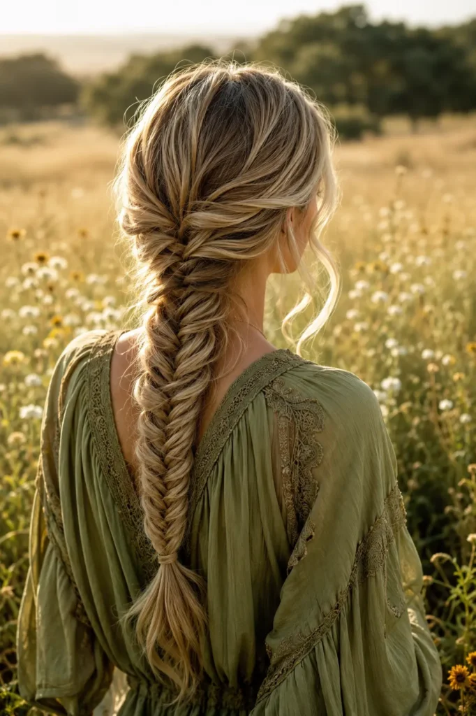 White woman with an intricate fishtail braided low ponytail, wearing an olive green boho blouse in a sunlit wildflower meadow with golden natural light.