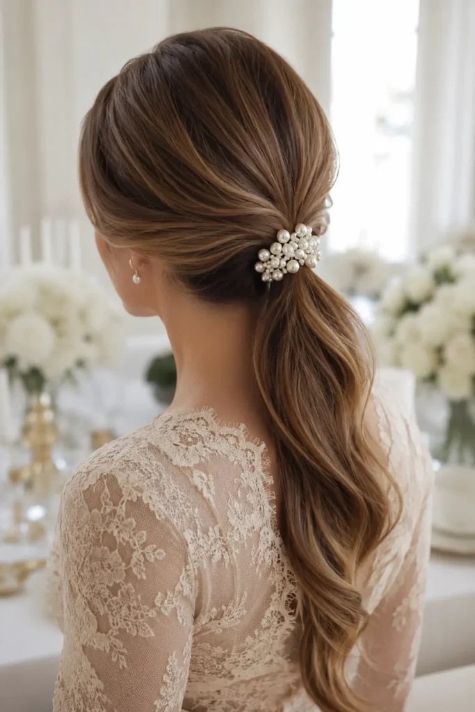 a white woman wearing a modest champagne-colored lace dress with a sleek low ponytail secured by a delicate pearl hair clip.