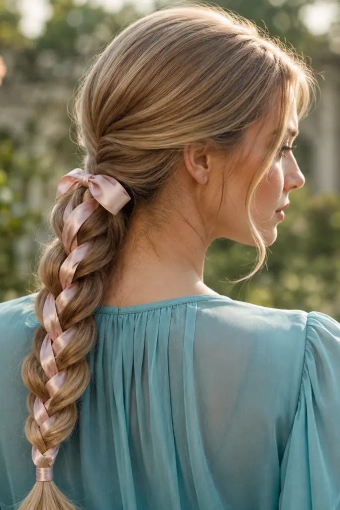 Low ponytail braid with a pale pink ribbon woven through, photographed in a romantic English garden with a soft teal blouse.