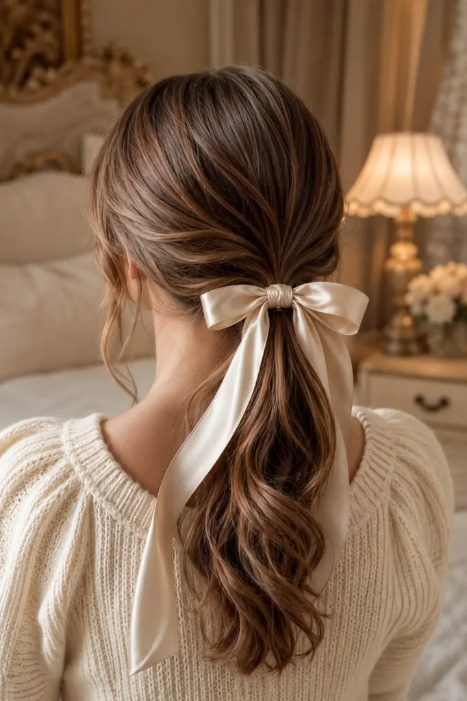 a white woman wearing a soft cream knit sweater, showcasing a sleek low ponytail tied with a flowing ivory satin ribbon bow in a warm vintage-inspired bedroom with softly blurred curtains and ambient lighting.