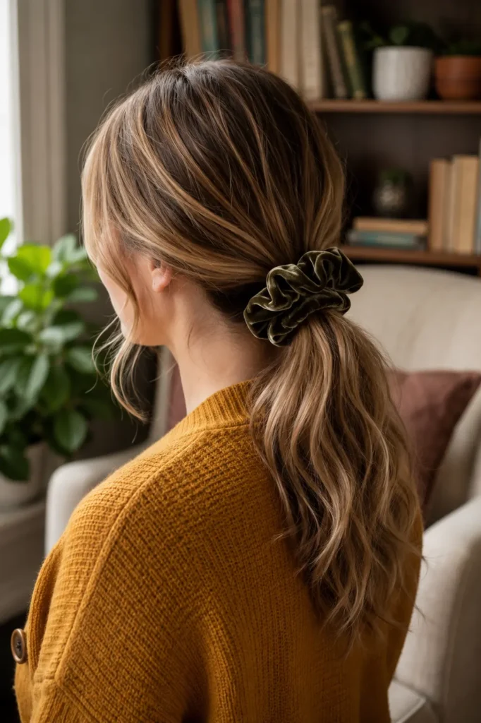 white woman wearing a softly textured low ponytail secured with an oversized velvet scrunchie, dressed in a mustard yellow knit cardigan in a cozy home reading corner with warm natural light.