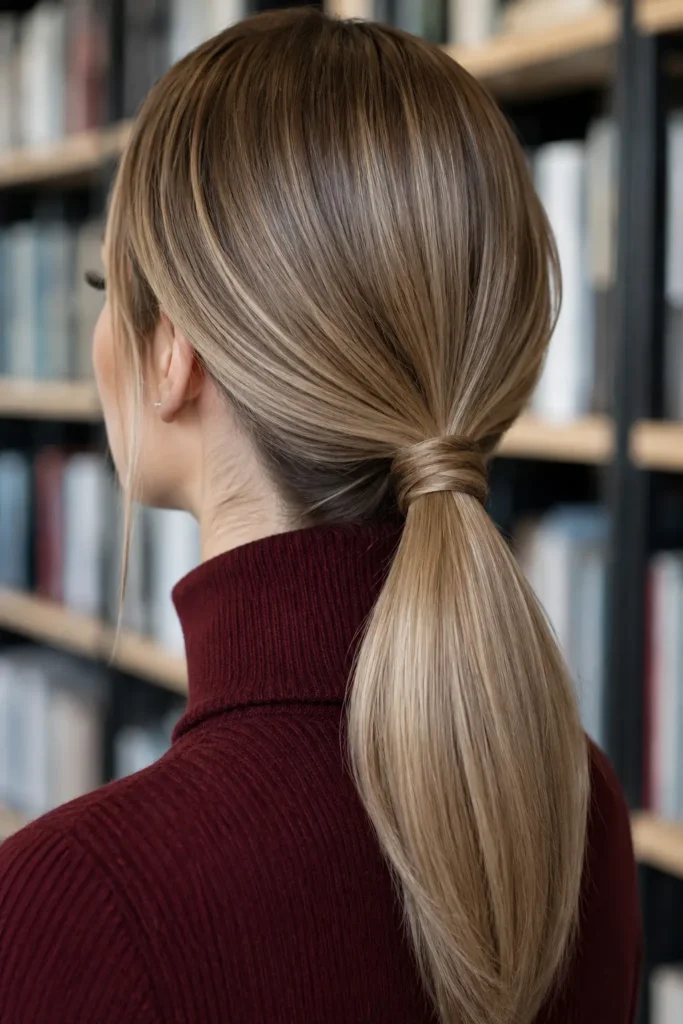 a white woman wearing a sleek low ponytail at the nape, with a section of hair wrapped neatly around the elastic for a polished finish. She wears a burgundy turtleneck sweater,