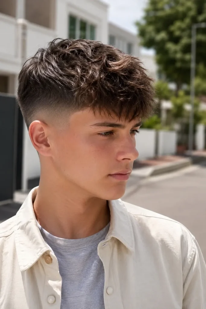 teenage boy with a clean low taper fade and medium-length textured top, wearing a cream overshirt over a light gray T-shirt,