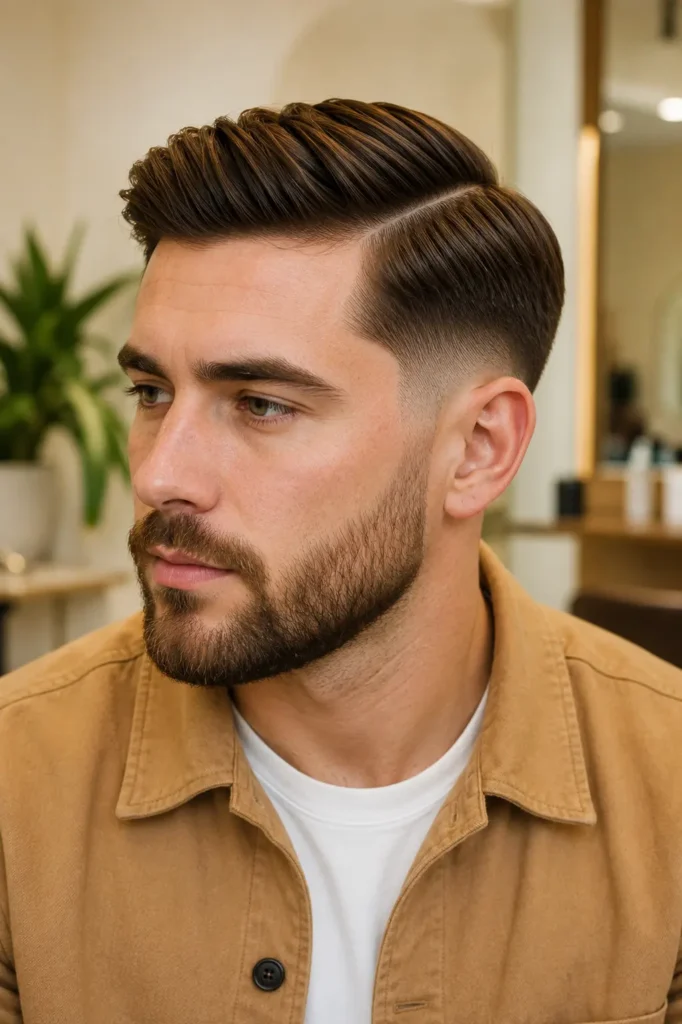 man with a low taper fade and classic side-part hairstyle, trimmed beard, and camel overshirt, photographed in bright natural daylight against a warm ivory barber shop background with the haircut as the main focus.