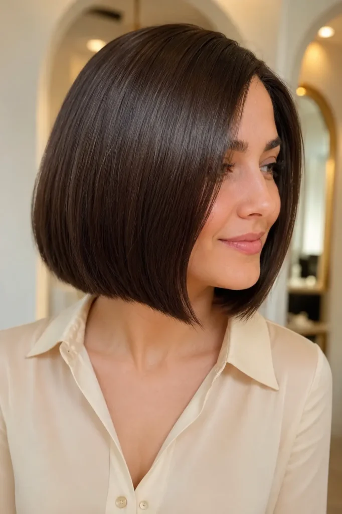 woman with a luxe Italian bob haircut, featuring ultra-glossy mirror-shine dark brunette hair, sleek blunt ends, minimal makeup, and a cream blouse, photographed in bright natural daylight against an elegant ivory salon background.