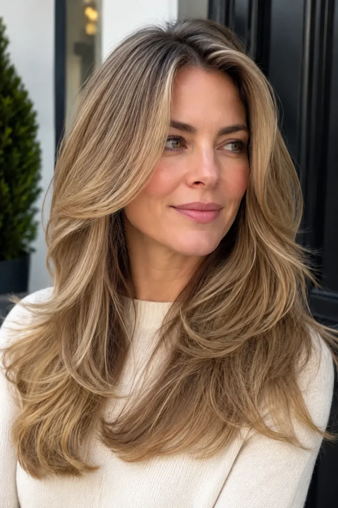 woman with natural dark blonde hair, long luxury layers, soft golden beige tones, face-framing layers, glossy shine, and smooth voluminous hairstyle in natural daylight.