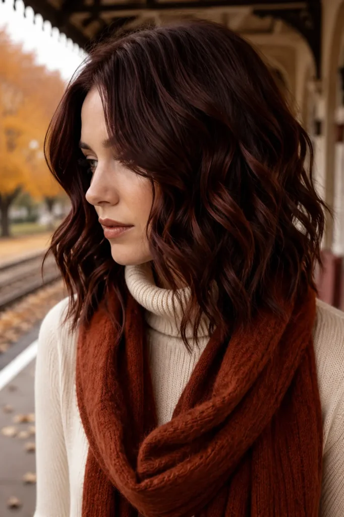 Rich mahogany brown shoulder-length textured lob with soft defined waves, featuring deep chocolate tones and subtle mahogany-red undertones,