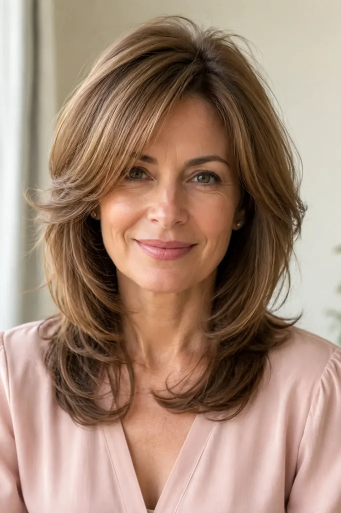 woman with a medium butterfly haircut for fine hair, featuring airy crown volume and soft feathered light-brown layers, wearing a blush-pink blouse against an ivory background in bright natural light.