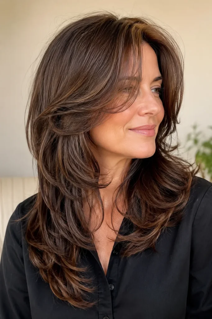 a English woman with a medium butterfly haircut for thick chestnut hair, featuring airy feathered layers, natural makeup, a black shirt, and a warm beige background.
