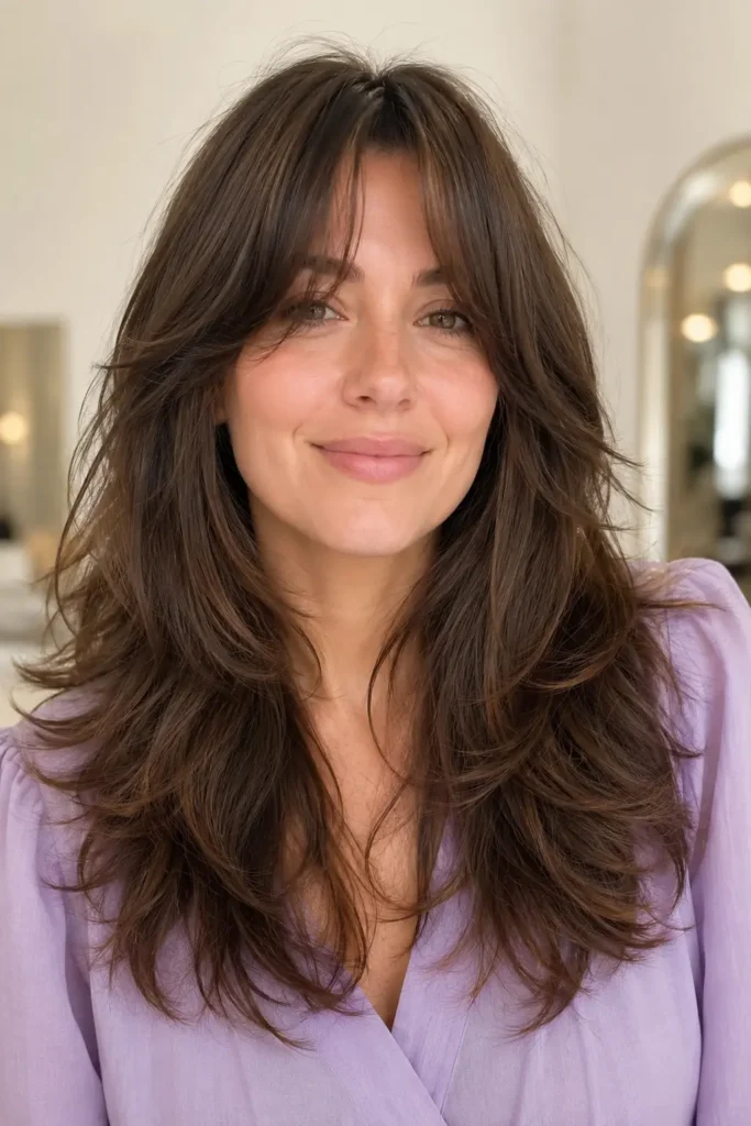 English woman with a medium butterfly haircut featuring soft bottleneck bangs and feathered face-framing layers. Her glossy brunette hair is styled with natural volume under bright daylight, complemented by a dusty-lavender blouse against a warm ivory salon background.