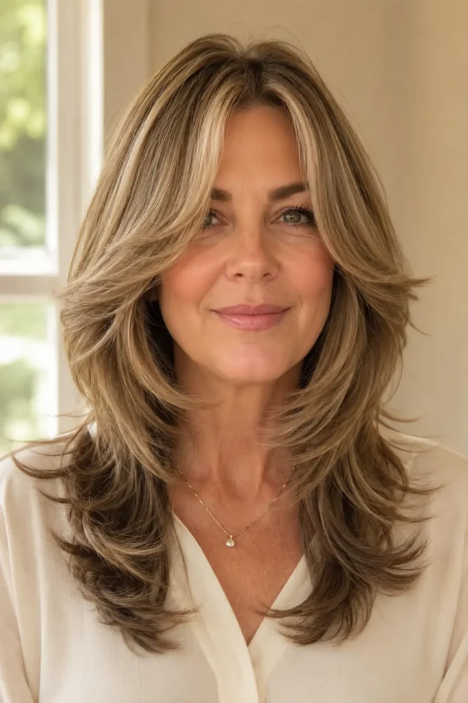 woman with a medium butterfly haircut, featuring glossy dark-blonde feathered layers in a bright, salon-style portrait.
