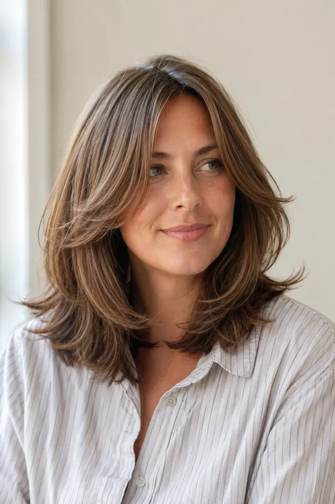 woman with a medium butterfly haircut featuring airy feathered layers and softly flipped ends, glossy honey-brown hair, natural makeup, bright daylight, ivory background, and a light striped shirt.