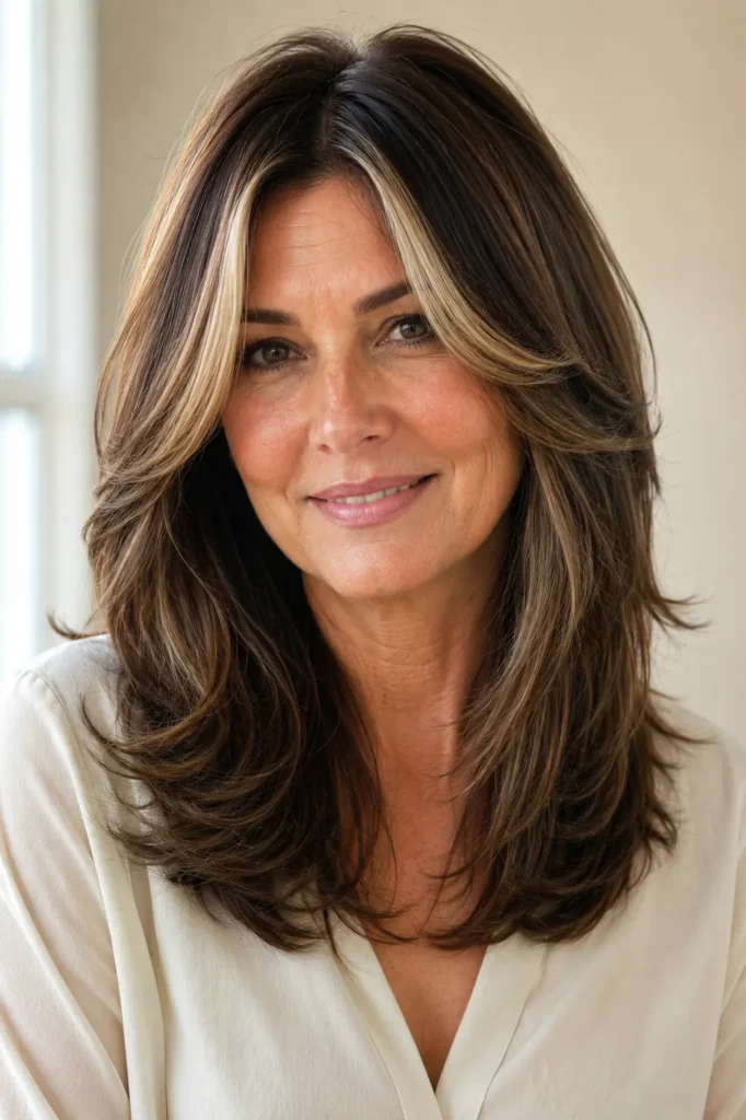 English woman with a medium butterfly haircut featuring feathered face-framing layers and soft creamy blonde money piece highlights, photographed in bright natural daylight against a warm ivory background, wearing a modest cream blouse.