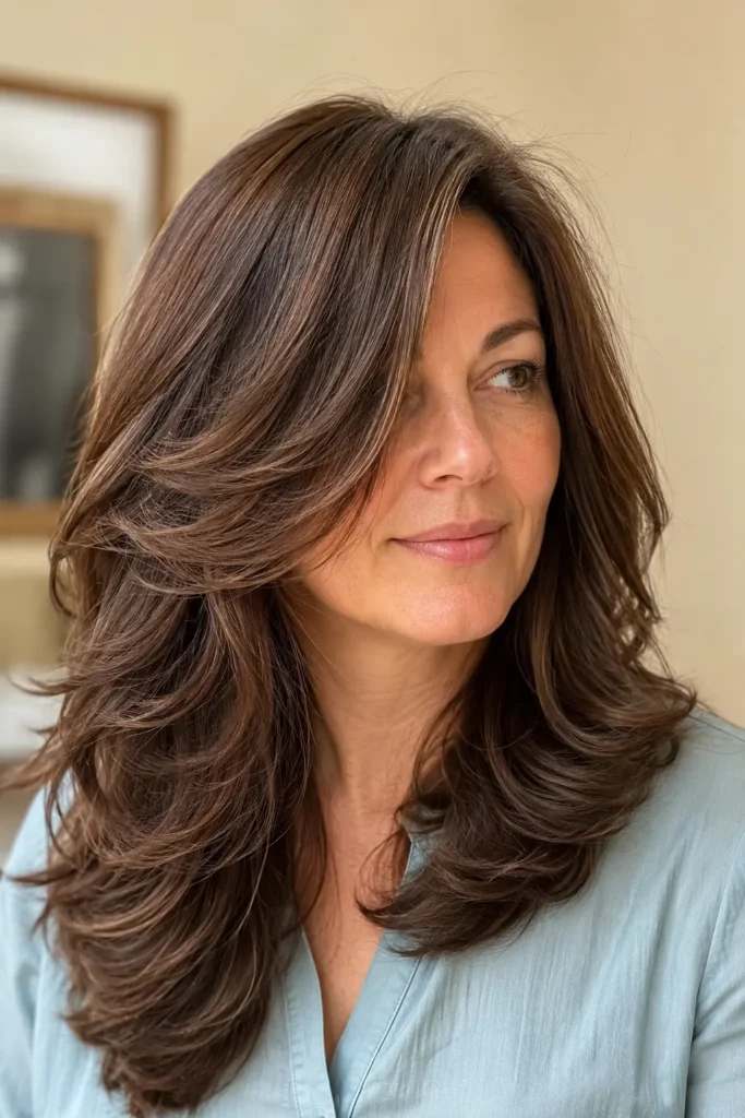 woman with a medium butterfly haircut and deep side part, featuring glossy medium-brown feathered layers, natural makeup, and a sage-blue blouse in a bright salon-style portrait against a warm beige background.