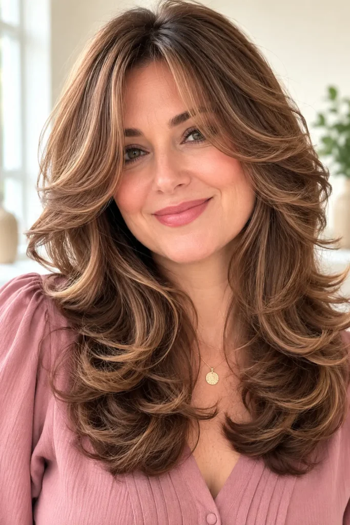 woman with a medium butterfly haircut styled in soft loose curls, glossy chestnut hair, feathered face-framing layers, natural makeup, and a dusty-rose blouse, photographed in bright daylight against a warm cream background.