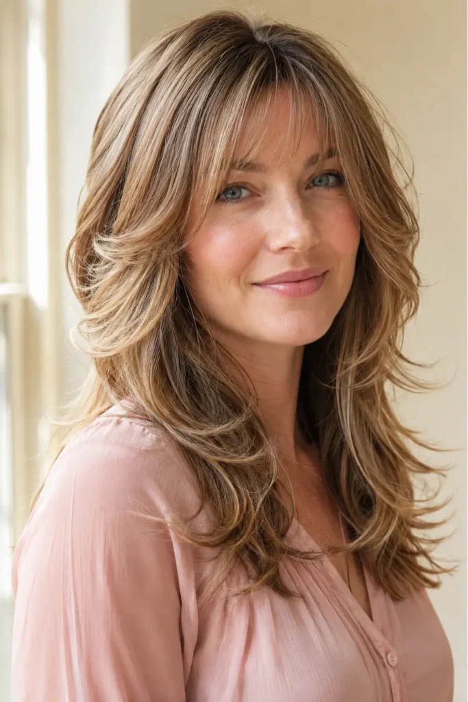 woman with a medium butterfly haircut, featuring soft wispy bangs and layered face-framing sections. Her glossy dark blonde hair is styled with airy volume under bright natural window light, complemented by a blush-pink blouse and a warm beige background that keeps the hairstyle as the main focus.