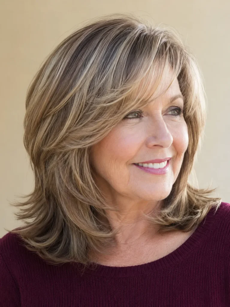 a mature English woman with medium-length layered hair and elegant side-swept bangs, featuring silky glossy texture, natural movement, and a burgundy knit top against a soft beige background.