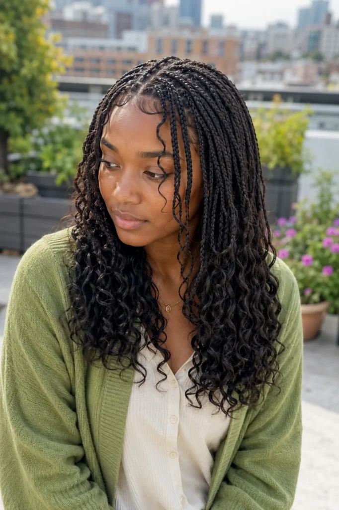 a real Black woman with medium knotless braids flowing into soft, bouncy curly ends and delicate face-framing curls. She wears a sage-green cardigan over a cream blouse