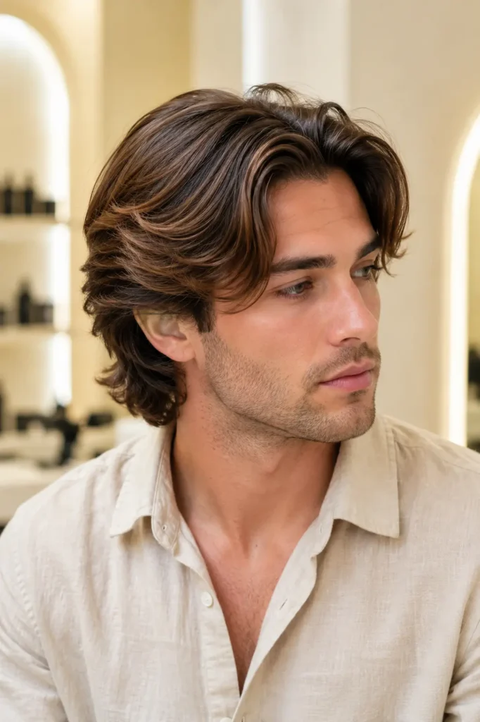 man with a medium-length flow hairstyle featuring soft layered movement, light stubble, and a casual beige linen shirt, photographed in bright natural daylight against a warm ivory barber salon background.