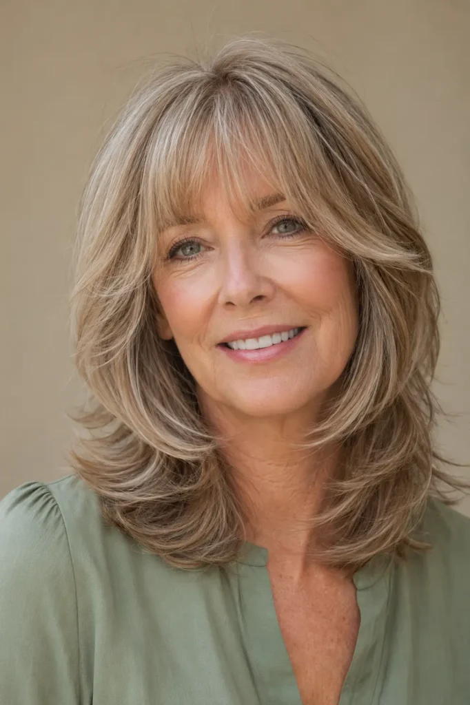 woman with medium-length layered hair, feathered bangs, and a glossy salon-quality finish in bright natural daylight.