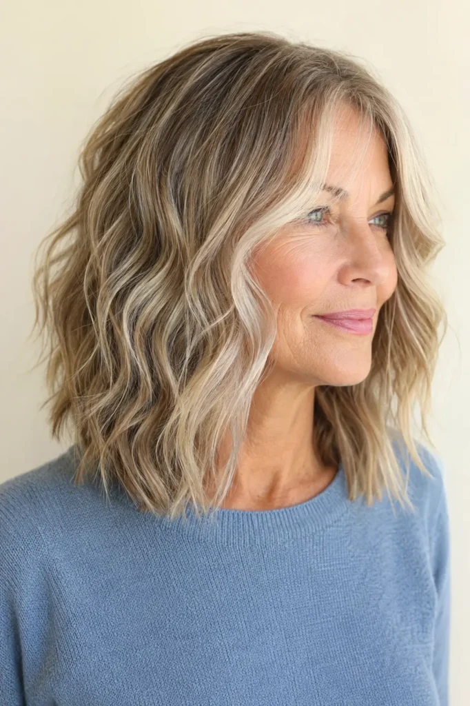 an English woman aged around 60 with medium-length beach waves featuring silky texture, glossy shine, and natural movement. Bright daylight highlights every layer of her softly tousled hair. She wears a modest dusty blue sweater against a neutral ivory background, with the hairstyle as the clear focal point.