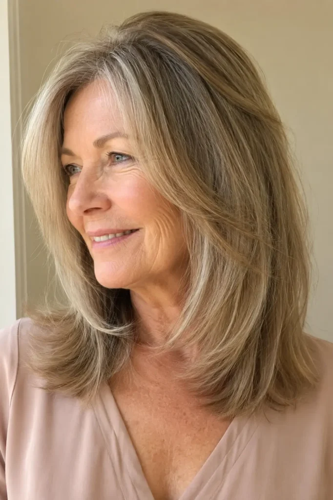 a real English woman aged 56–70 with medium-length hair featuring invisible layers, silky smooth texture, natural volume, and healthy shine, illuminated by bright natural daylight against a warm ivory background while wearing a modest nude blouse.