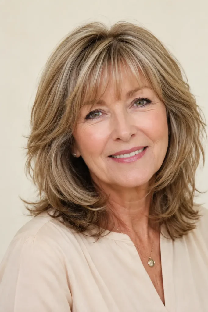 an English woman aged 56–70 with medium-length layered hair and soft wispy bangs, featuring silky, glossy hair with natural volume. She wears a light beige blouse against a warm cream background, with bright natural daylight highlighting every strand and authentic mature skin in a DSLR-quality close-up.