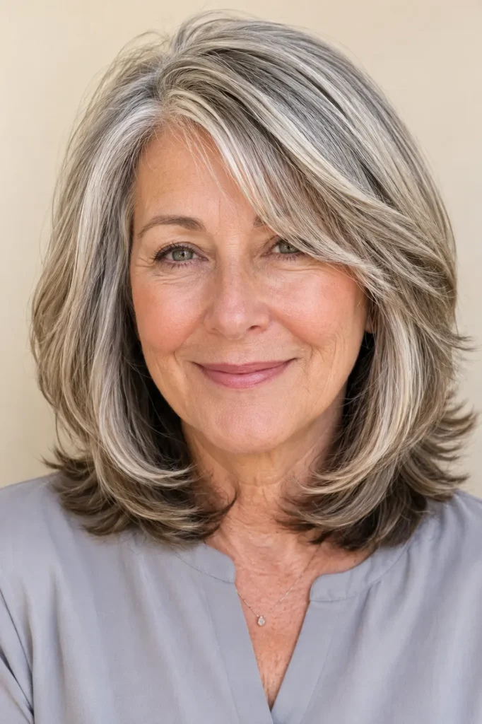 a mature English woman with medium-length layered hair featuring elegant silver highlights, silky texture, natural movement, and dimensional shine, wearing a light gray blouse against a neutral cream background in bright natural daylight.