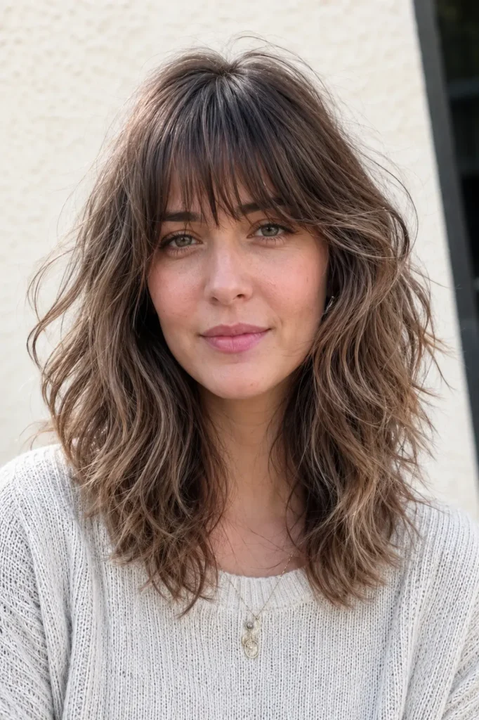 a woman with a medium-length wavy wolf cut and feathered bangs, featuring soft airy layers, natural movement, and glossy healthy hair in bright daylight against a neutral ivory outdoor background.