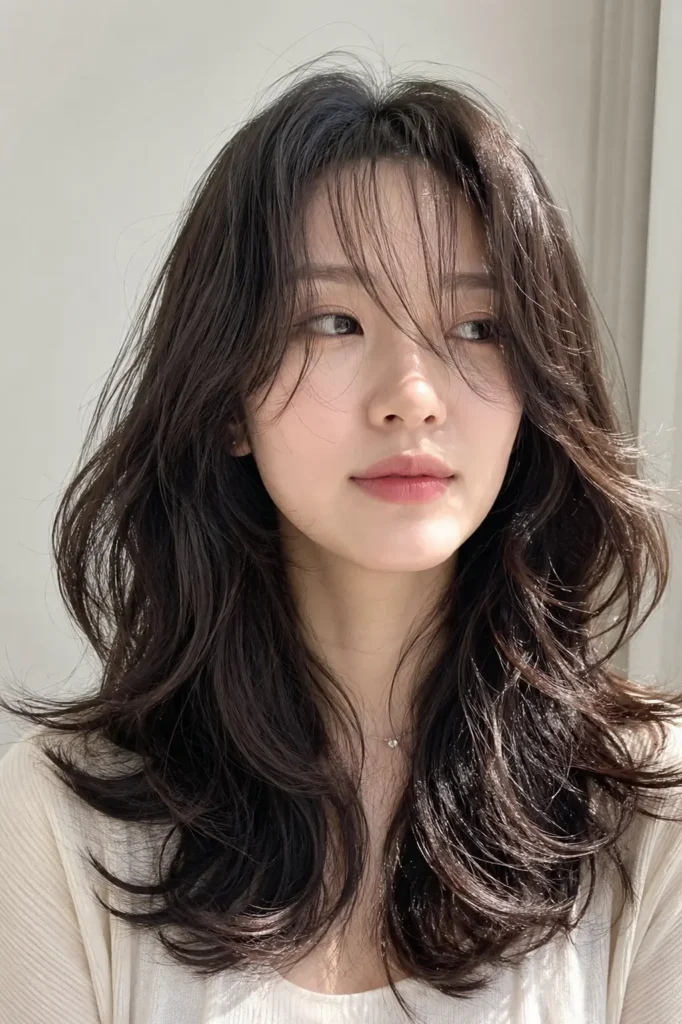 a Korean woman with a medium-length wavy wolf cut, softly curved bangs, feathered layers, and glossy healthy hair, photographed in bright natural daylight against an elegant ivory background.