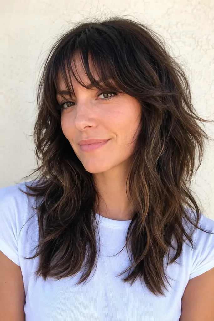 a 25–38-year-old English woman with a medium-length wavy wolf cut and textured bangs, featuring feathered layers, glossy healthy hair, and soft natural waves. Bright daylight highlights the movement and shine of the hairstyle against a neutral cream background with authentic facial features.