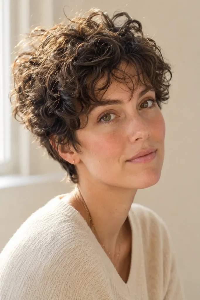 an English woman with a messy curly pixie haircut, featuring tousled short curls, soft textured layers, natural volume, glossy shine, bright window lighting, minimal makeup, and an ivory background.