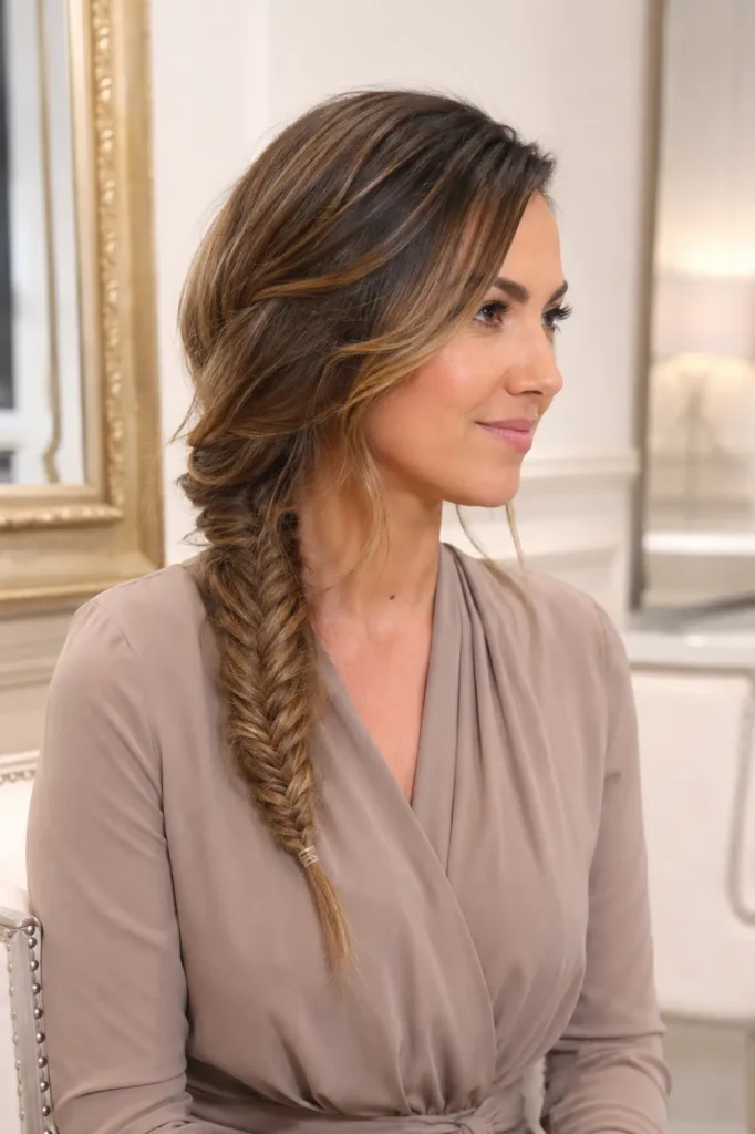 woman with a loose messy fishtail braid and glossy light brown balayage hair, wearing a soft taupe dress in a bright cream luxury salon with natural daylight