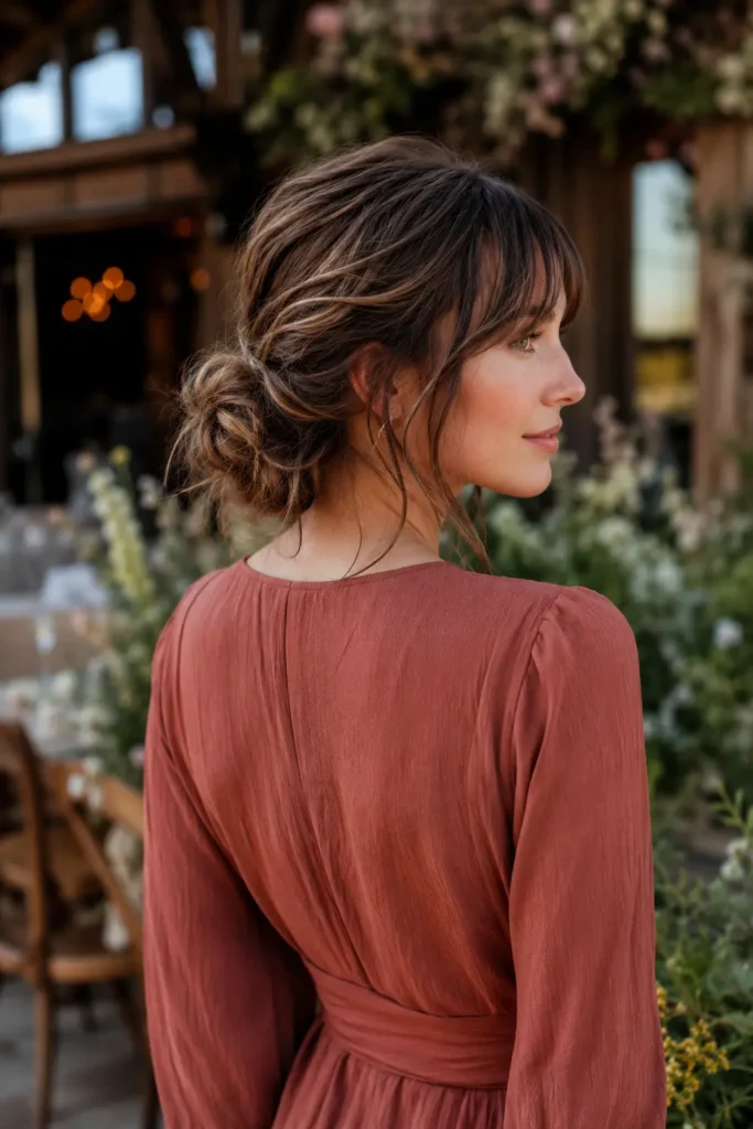 white woman with a relaxed messy low bun, wispy bangs, and soft face-framing strands, wearing a muted terracotta wrap dress at a cozy countryside wedding venue with blurred wooden architecture